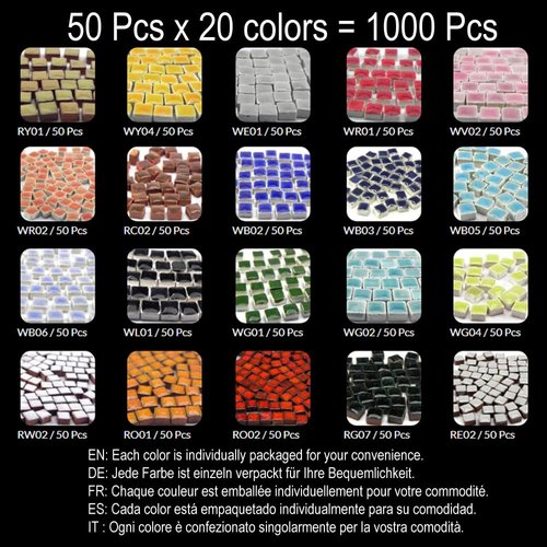 Ceramic Tile 3/16 inch 5mm Mosaic Tiles for Arts and Crafts 1000 Pieces, 20 Colors x 50 Pcs, MXAL