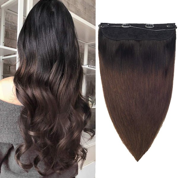SURNEL Wire Hair Extensions Remy Human Hair Extensions Invisible Wire Fish Line Hair Extensions Wire Hair Extensions Invisible Hairpiece for Women (16, 1BT4)