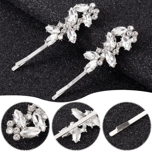 Isslly 2PCS Silver Rhinestones Hair Clips, Bridal Crystal Hair Pins, French Hairpins Alloy Leaf Shape Barrettes for Women, Girls for Wedding, Parties (1 Pairs)