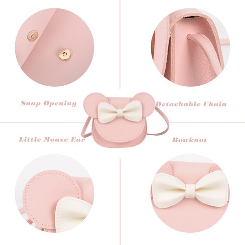 QZUnique Little Mouse Ear Bow Crossbody Purse Set, Mini Shoulder Bag with Jewelry Set Hair Clip Sunglass, PU Coin Purse Handbag Dress Up Gift for Kids Girls Toddlers, 7 Pack