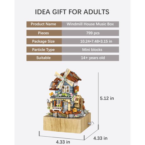 LUOGFYNI Music Box Building Blocks Set, Japanese Street View Windmill House, Farm House Scene Creative Model, Mini Bricks Construction Building Toy for Adults, Gifts for Adults