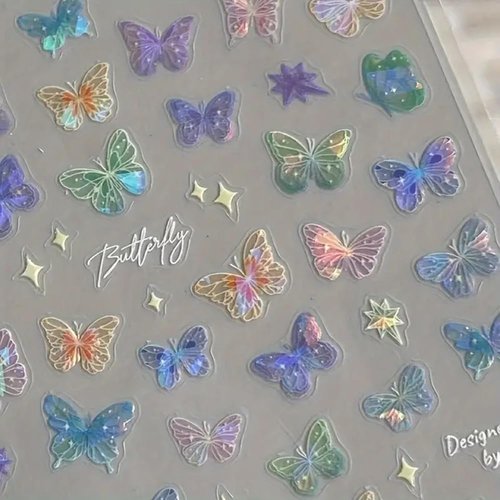 CEWEWP 3Pcs 3D Butterfly Nail Art Stickers, Colorful Butterfly Design Nail Decals for Nail Art Decoration Or Nail Salons, Butterfly Flowing Light Nail Stickers Nail Art Supplies for Women and Girls