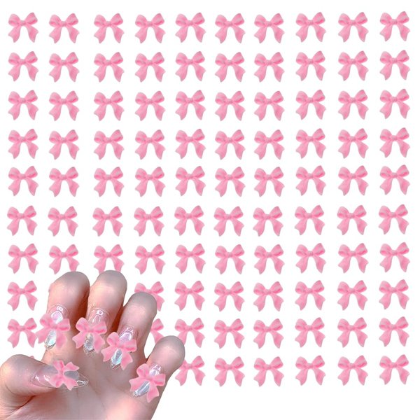 Pink Bow Nail Charm for Women Girl, 100Pcs 3D Nail Decoration Resin Bow Nail Rhinestones Bowknot for DIY Nail Art Accessories