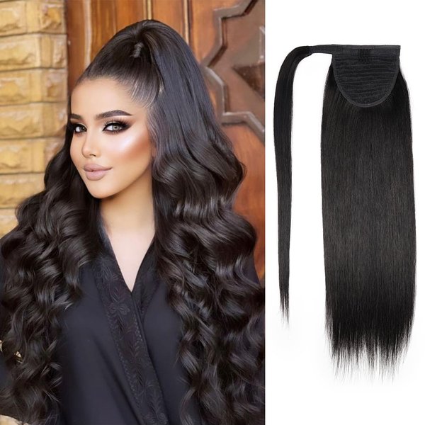 JIAMEISI Ponytail Extension Human Hair Wrap Around Clip in Hair Piece Ponytail Extension Human Hair Straight Ponytail For Black Women with Magic Paste 90G(20 inch, Natural Black #1B)
