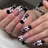 FIEONCIY Press on Nails Coffin Long Black Glossy Full Cover Acrylic Square French False Nails with Pink Bow Designs Artificial Ballerina Fake Nails with Charm Glue Stick on Fingernails for Women