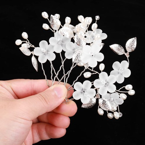 Lusofie 5Pcs Peal Flower Hair Pins Pearl Bridal Hair Pins Silver Wedding Hair Piece Wedding Hair Accessories Hair Flowers for Women Girls