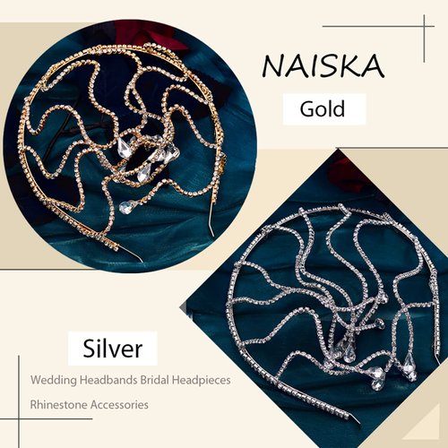NAISKA Rhinestone Headband Wedding Tiara Fashion Headpieces Forehead Jewelry Head Chain Crystal Headpiece Bridal Hair Accessories Birthday Party Jewelry for Women and Girls (Gold)