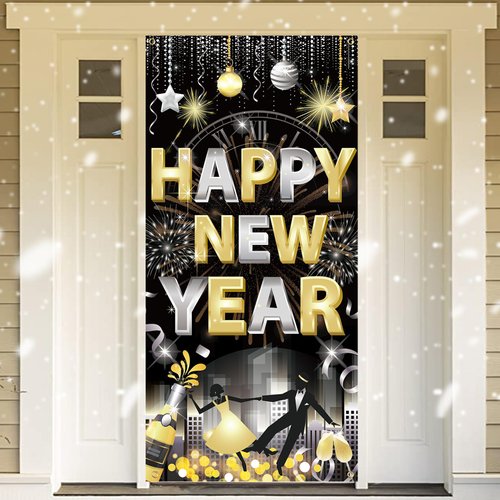 HOWAF Happy New Year Door Banner 2025, Black Gold New Year Eve Door Cover Party Decorations NYE Hanging Door Banner for New Year Holiday Indoor Outdoor Party Supplies
