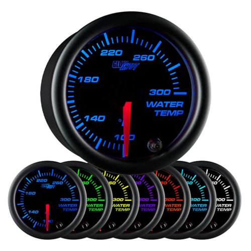 GlowShift Black 7 Color 300F Water Coolant Temperature Gauge Kit - Includes 1/8-27 NPT Electronic Sensor & Wiring - Multi-Color Display - Black Dial - Clear Lens - for Car & Truck - 2-1/16" 52mm