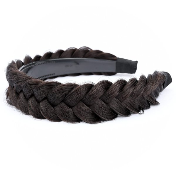 BOBIYA Wide Chunky Plaited Braided Headband Hair Band Synthetic Braid Hairpieces with Teeth Piano Two Tone Colors Accessories (W-Brunette Brown)