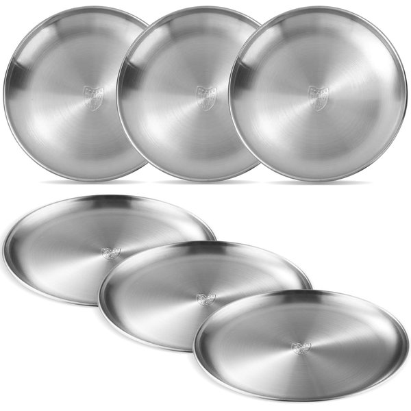BESUNTEK 6 Pack 18/8 Stainless Steel Plates, 9" Heavy-Duty 304 Dinner Dishes, Easy to Clean, Dishwasher Safe Metal Serving Plates for BBQ, Camping and Everyday Dining (Silver, 9")