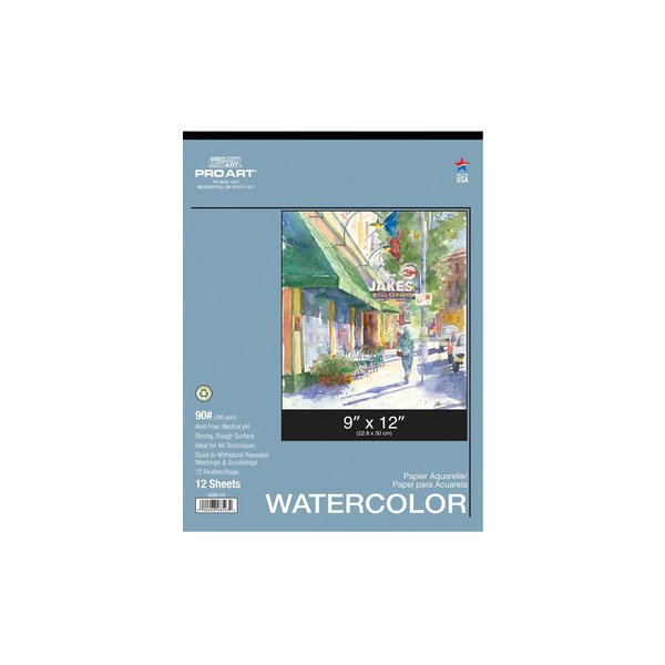PRO ART Watercolor Paper, 9-inch x 12-inch, 12 Sheet Tape Bound Pad, White