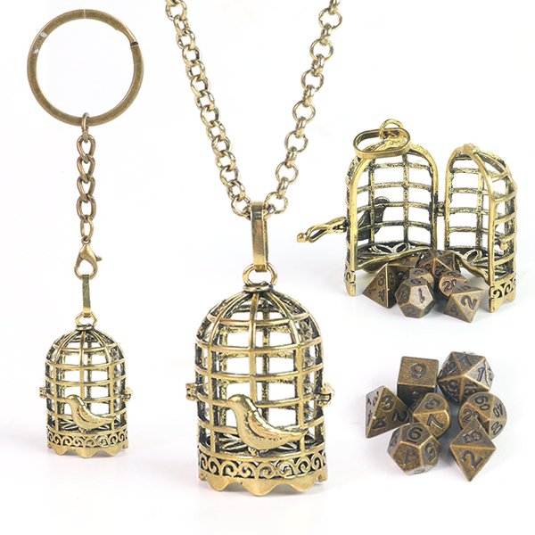 Mini Metal DND Dice Set with Exquisite Copper Hollow Bird cage Necklace Dice Case Antique Tiny Metal Dice Set D&D Keychain Portable 7PCS Dice Set