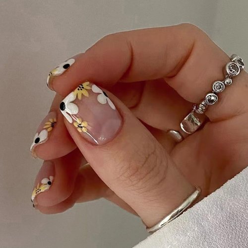 Press on Nails Short Square Fake Nails Glossy False Nails with French Tip Flowers Press ons Designs Acrylic Nails Press on Artificial Nails Stick on Nails For Women Girls 24Pcs
