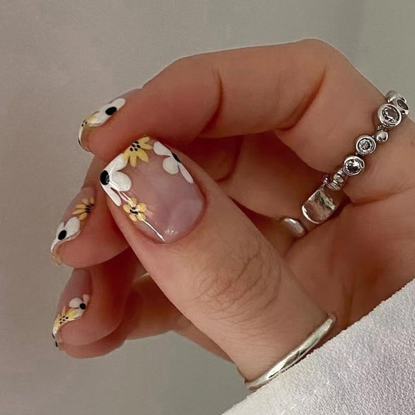 Press on Nails Short Square Fake Nails Glossy False Nails with French Tip Flowers Press ons Designs Acrylic Nails Press on Artificial Nails Stick on Nails For Women Girls 24Pcs