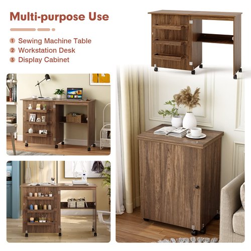 Giantex Folding Sewing Craft Table, Sewing Cabinet with 3 Storage Bins and Shelf, Rolling Craft Station Sewing Machine Work Desk with Lockable Wheels for Apartment Small Spaces, Brown