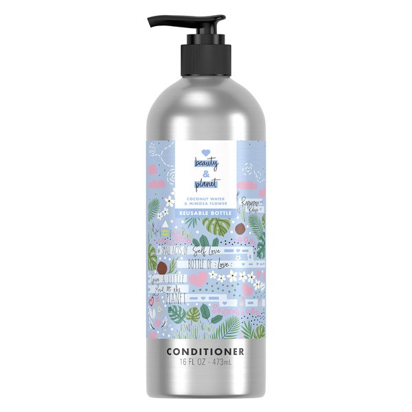 Love Beauty and Planet Silicone-Free Conditioner Thickening Conditioner for Fine Hair Coconut Water and Mimosa Flower in Reusable and Refillable Aluminum Bottle 16.5 fl oz