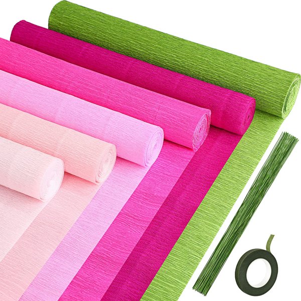 Gersoniel 57 Pieces Crepe Paper Flower DIY Kits 6 Rolls 35g Crepe Paper Rolls 50 Pcs Floral Iron Wire 1 Roll 50 Meter for Birthday Party Wedding (Pink Series, Green)