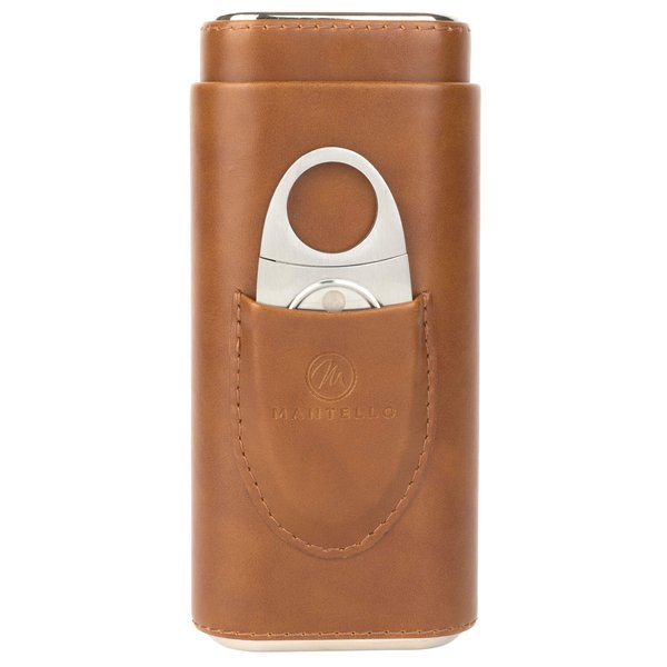 Mantello Cigar Case, Cedar Wood Lined Cigar Case Travel, Cigar Holder Case with Cigar Cutter- Cigar Case for Men, Brown Leather Cigar Case