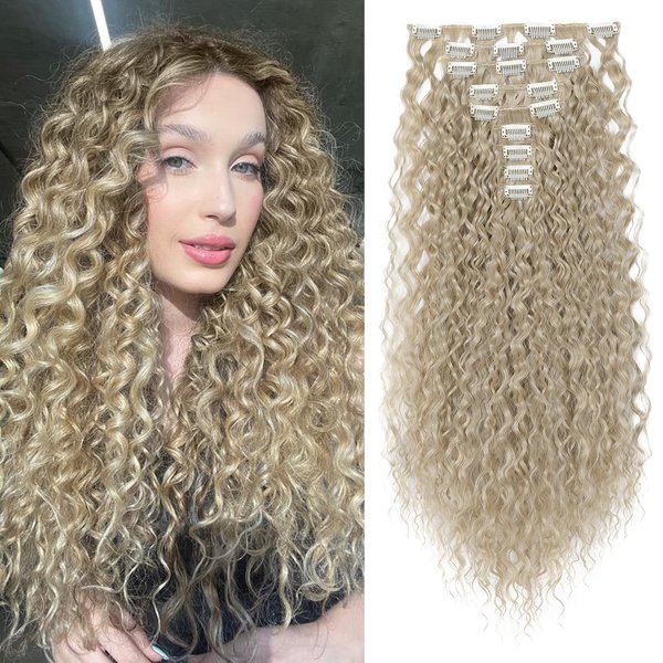 FLUFYMOOZ 9PCS Clip in Hair Extensions 22 Inch Curly Hair Extension Long Soft Synthetic Hairpieces for Women (Ash Blonde)