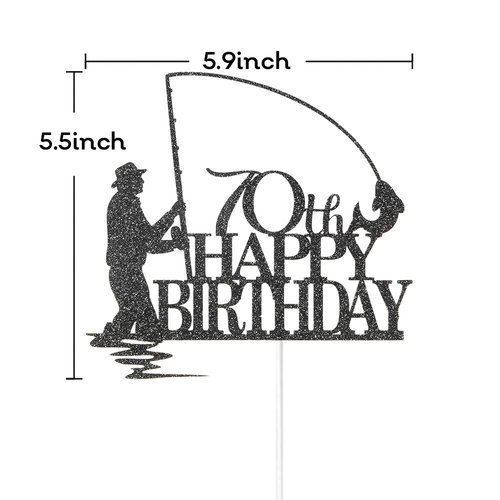Black Glitter Fisherman Happy 70th Birthday Cake Topper, 70th Birthday Decorations, Fisherman 70th Birthday Party Supplies
