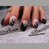 MISUD Coffin Press on Nails Medium Ballerina Fake Nails Goth Black Flame Acrylic Nails Matte Glue on Nails Cross Rhinestone Stick on False Nails with French Tip Design 24 pcs