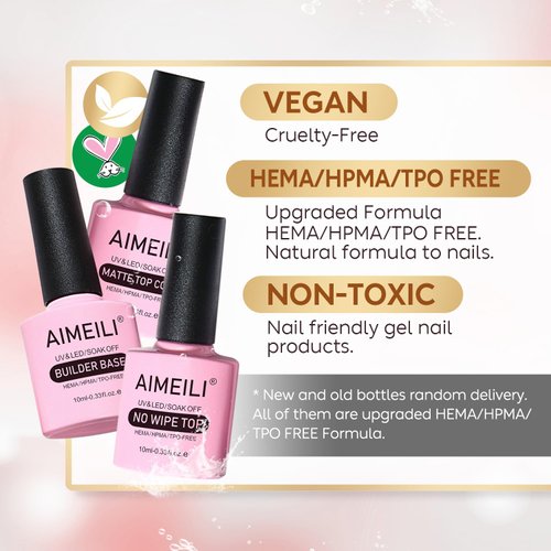 AIMEILI Soak Off U V LED Gel Nail Polish - Base Coat, Matte Top and No Wipe Top Coat Kit Set 10ML