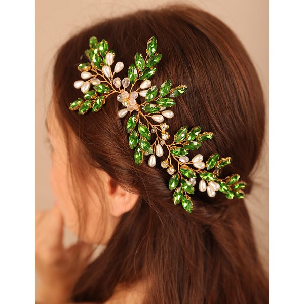 Xerling Emerald Hair Comb Vintage Green Rhinestones Hair Piece for Wedding Brides Pearl Hair Accessory Bridal Head Piece (Emerald B)