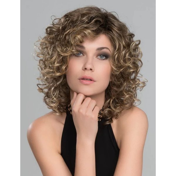 RENERSHOW Short Brown Curly Wigs for Women Mixed Blonde Synthetic Wig Bouncy Curly Hair Replacement Wig Ombre Curly Wig with Dark Roots
