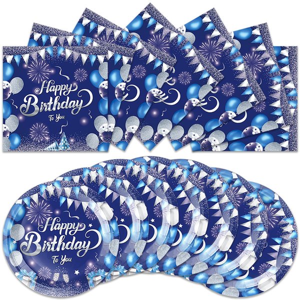 40Pcs Blue Birthday Party Supplies For 20 Guests - Disposable Tableware Blue And Silver Birthday Plates And Napkins Happy Birthday Party Decorations