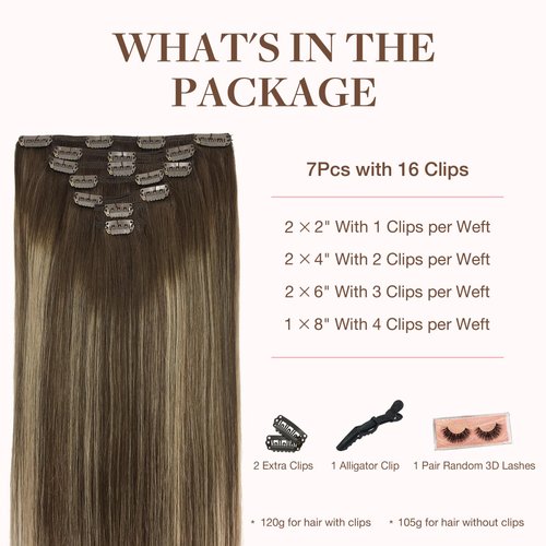 GOO GOO Clip in Hair Extensions Real Human Hair, 22inch 120g 7Pcs, 4/26/4 Balayage Chocolate Brown to Honey Blonde, Remy Human Hair Extensions Clip ins for Women, Natural Human Hair