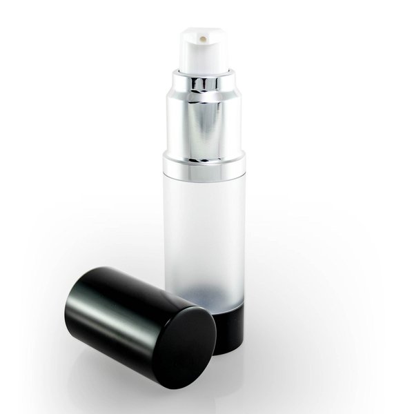 Cosmetic Packaging Now! Luxe Airless Bottle, 15 ML, Frosted Bottle with Glossy Black