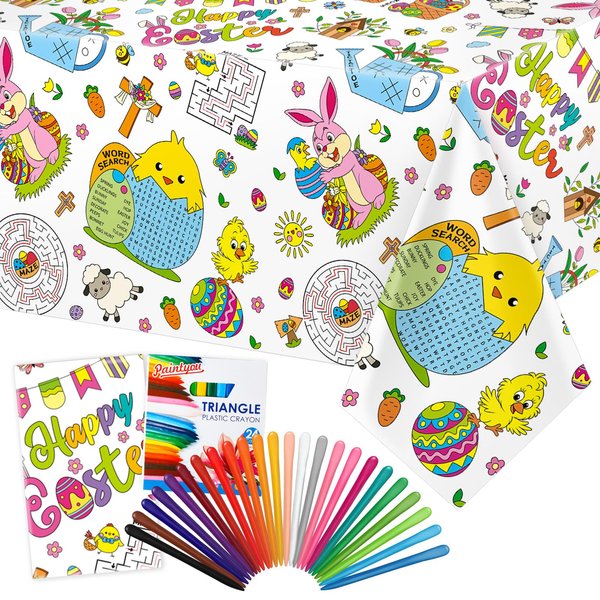 Faccito Easter Coloring Tablecloth 108 x 54 Inch Easter Bunny Egg Coloring Poster with 24 Crayons Easter Giant Paper Table Cover for Easter Holiday Party Favors School Family Activities
