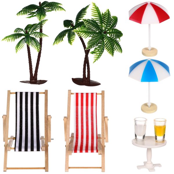 Mini Umbrella Palm Chair Beach Miniature Accessories Mini Umbrella Palm Chair Miniature Toys Dollhouse Outdoor Accessories Micro Landscape Beach Cake Decorations