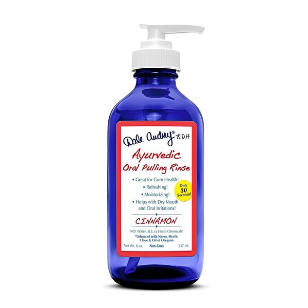 Dale Audrey Ayurvedic Oil Pulling for Teeth and Gums | Organic Cinnamon Flavored Oral Rinse Mouthwash | Natural Essential Oils | Cobalt Glass Bottle Pump for Teeth Whitening and Fresh Breath | (8Oz)