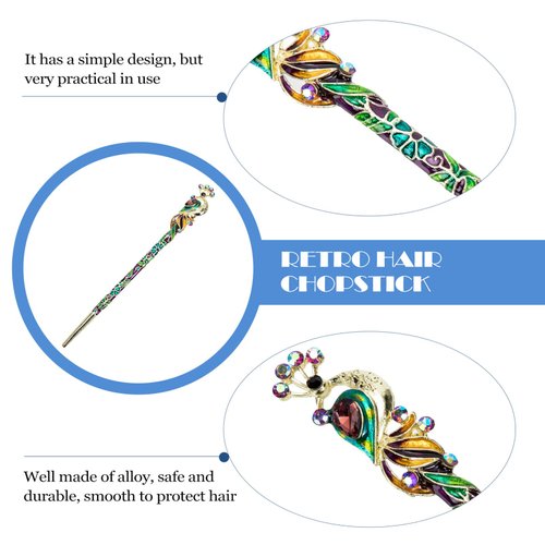 Beaupretty Metal Chopsticks Chinese Hair Chopstick Vintage Rhinestone Peacock Hair Stick Handmade Fashion Fork Pen Hairpins Sticks Clips Barrettes for Women Girls Hair Accessory Purple French Hair Pin