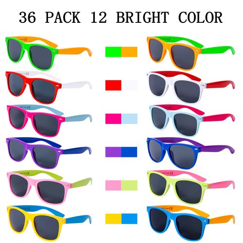 KOMENDANT 36 Pack 12 Colors Neon Sunglasses Party Favors 80’s Retro Style Sun Glasses for Beach Pool,Carnival,Party Favors,Birthday Party,Bulk Pack Sunglasses for Adults And Kids
