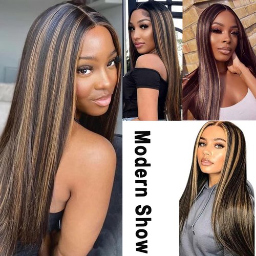 Straight Synthetic Lace Front Wigs for Women 28 Inch Middle Part Wig Blonde Mixed Brown Colored Wig Hightlight Long Wigs (28 Inch Straight Wig Brown Mixed Blonde)