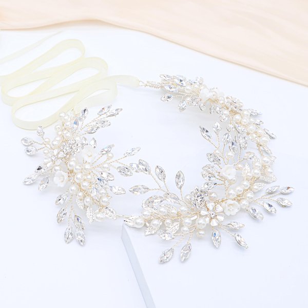 Oriamour Bridal Headpieces For Women Handmade Wedding Headbands for Bride Hair Accessories Flower-Leaf Bridal Headband Wedding Hair Piece with Pearls (Silver)