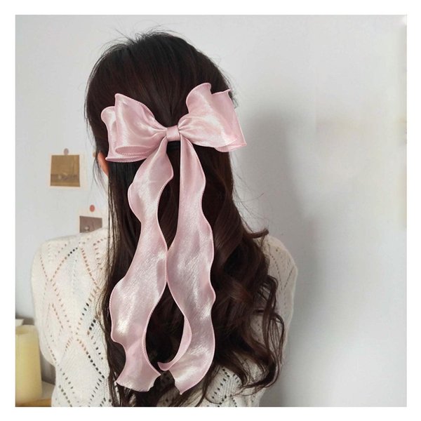Andelaisi Vintage Silk Bow Hair Clips Long Pink Silk Bow Hair Barrettes Chiffon Hair Clip Barrette Long Bow Hair Clips Headpiece Silky Bow Hair Accessories for Women and Girls Headdress