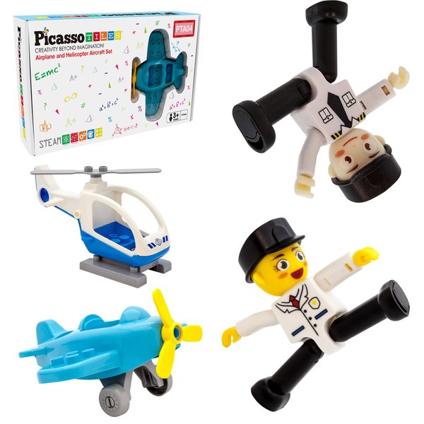 PicassoTiles Magnetic Figures 4 Piece Aircraft and Action Figure Magnet Airplane and Helicopter Expansion Pack Toddler Toy Set Educational Learning Kit Pretend Playset for Construction Building Block