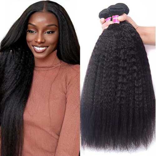 UNice Yaki Kinky Straight Human Hair Weave 3 Bundles 100% Unprocessed Mongolian Virgin Human Hair Weft Sew in Human Hair Extensions Natural Color 18 18 18 inch