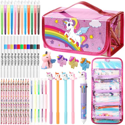 Pasimy Unicorn Washable Markers Set 52 Pcs with Unicorn Pencil Case Art Supplies for Kids Arts and Crafts Coloring Set Markers Crayon Drawing Kit Christmas Birthday Gifts for Girls 4 5 6 7 8 Year Old