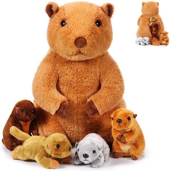 Deekin 5 Pcs Adorable Groundhog Plush Set 14 Inch Mommy Groundhog Stuffed Animal with 4 Cute Plush Babies in Her Belly Soft Cuddly Marmot Plushie for Toddlers Boys Girls Birthday Party Favors Gifts