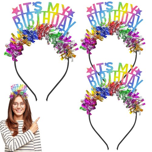 3 PACK Birthday Women Headband, Rainbow Tassel Birthday Tiara, Bling Happy Birthday Crown 'It's My Birthday' Headpiece for Party Favors Hair Accessories Decorations