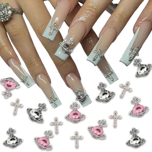 25 PCS Planet Nail Art Charms White Pink Nail Charms 3D Cross Nail Art Supplies with Rhinestones Saturn Shape Design Nail Gems Shiny Nail jewelry Acrylic Nail Accessories for Women Nail Decorations
