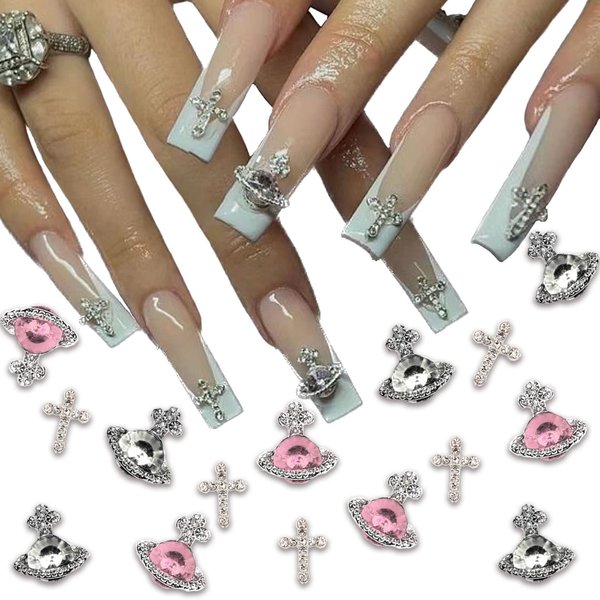 25 PCS Planet Nail Art Charms White Pink Nail Charms 3D Cross Nail Art Supplies with Rhinestones Saturn Shape Design Nail Gems Shiny Nail jewelry Acrylic Nail Accessories for Women Nail Decorations
