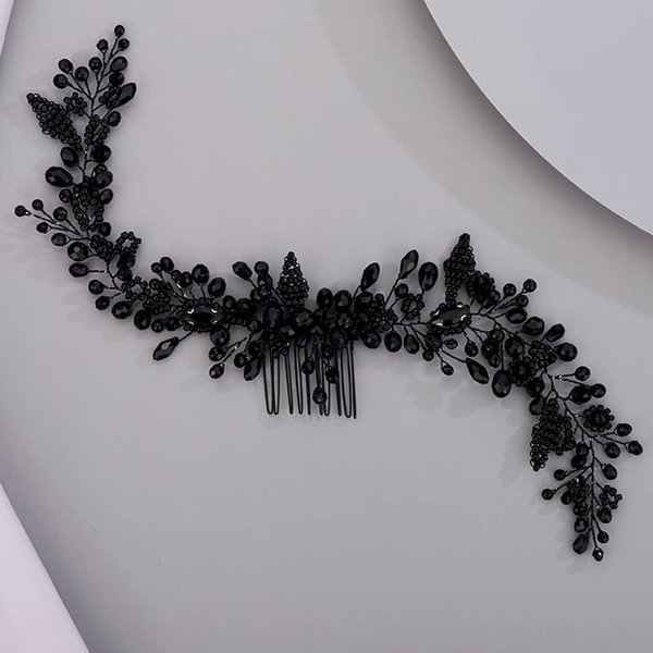 Chargances Wedding Crystal Beaded Hair Vine Comb Bridal Long Pearl Leaf Hair Vine Comb Black Rhinetone Handmade Headpiece Hair Accessories for Wedding Prom Flower Girl (Black)