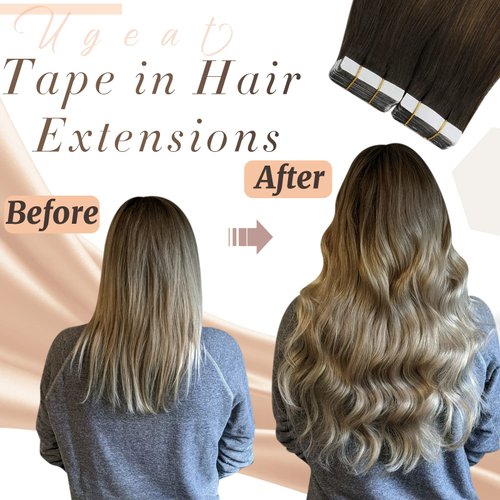 Ugeat Tape in Hair Extensions Human Hair 18Inch Balayage Dark Brown Fading to Platinum Blonde Hair Extensions Tape in 50G Tape Seamless Hair Extensions 20Pieces Real Human Hair Extensions