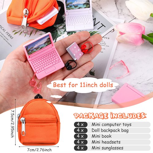 20 Pieces Mini Backpack for Dolls Dollhouse Accessories Include Tiny Micro Backpack with Zipper Laptop Books Headsets Sunglasses Cute School Scene Simulation Toys for 1/12 1/6 Scale(Elegant Style)